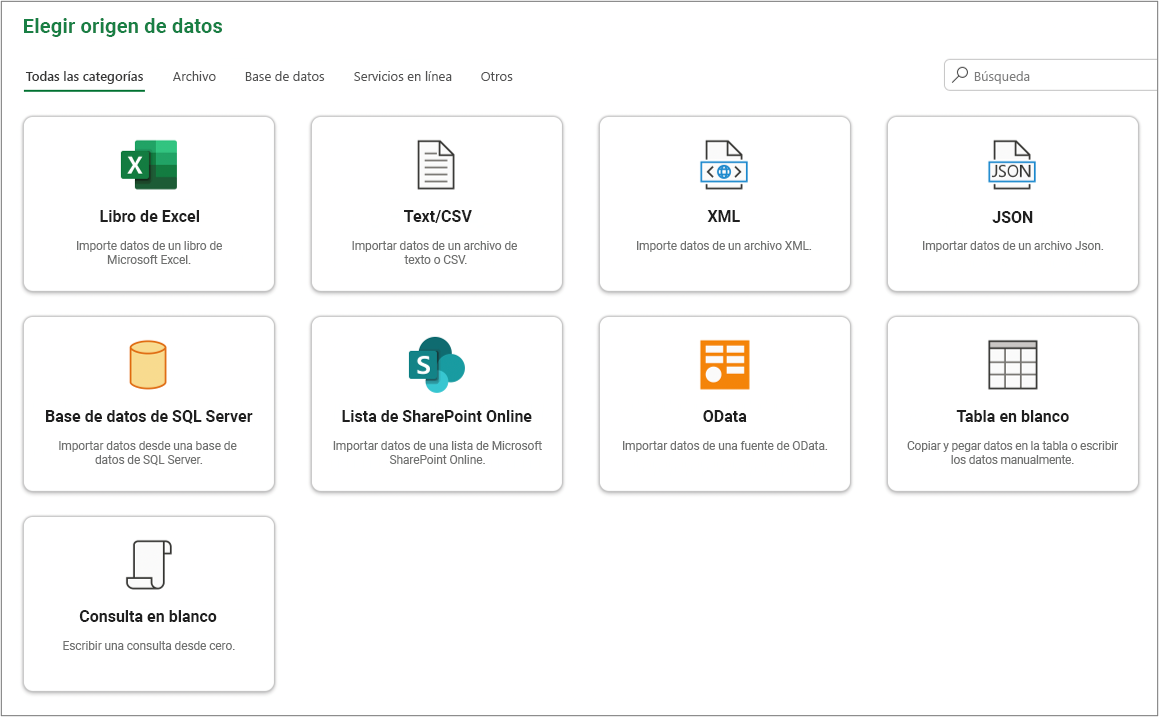 Ejemplo de orígenes de datos para seleccionar en el cuadro de diálogo