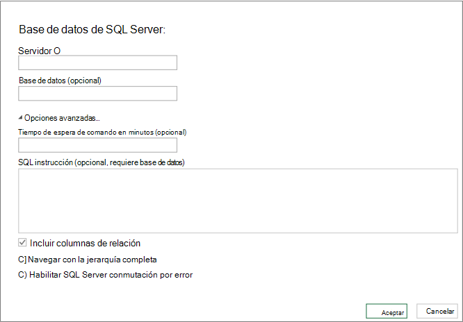 Cuadro de diálogo Base de datos de SQL Server
