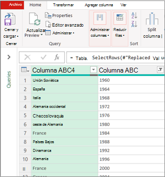 Una vista Editor de Power Query típica