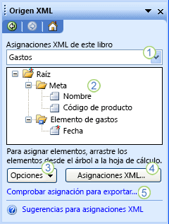 Panel de tareas Origen XML