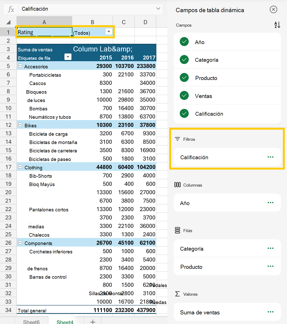 Imagen del área de filtro en la lista de campos y la tabla dinámica.