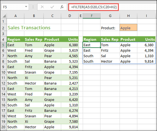 Función FILTRAR: filtrar región por producto (Apple)