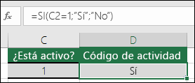 La celda D2 contiene la fórmula =SI(C2=1;SÍ;NO)