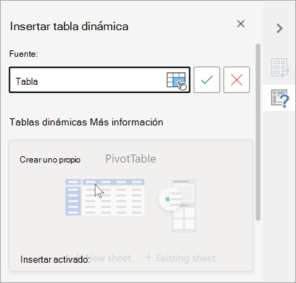 Insertar el panel de tabla dinámica solicitando una tabla o un rango para usarlos como origen y que le permite cambiar el destino.