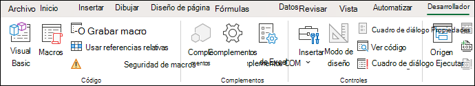 Captura de pantalla que muestra el grupo Código en la pestaña Programador.