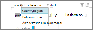 Menú desplegable e icono de ordenación de Power View
