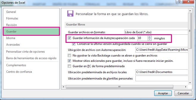 Opción de Guardar en Opciones de Excel