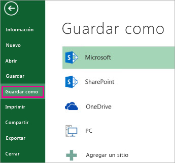 Opción Guardar como en la pestaña Archivo