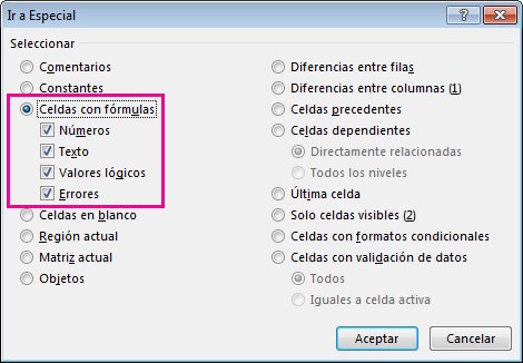 Opciones para buscar fórmulas en la casilla Ir a Especial