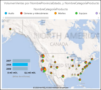 Mapa de Power View de EE.UU. con gráficos circulares