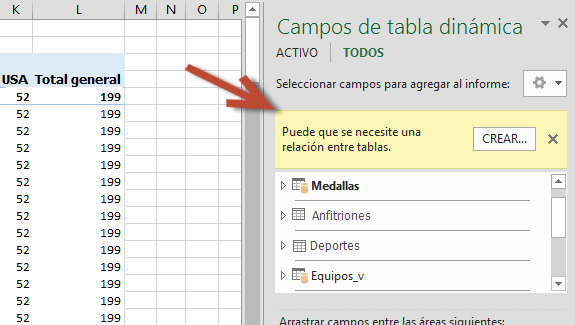 Solicitud de CREAR... relación en Campos de tabla dinámica