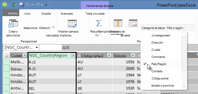 Categorías de datos en PowerPivot