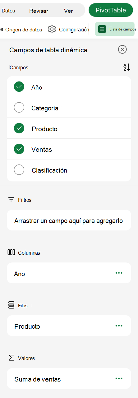 Lista de campos de tabla dinámica en iPad.