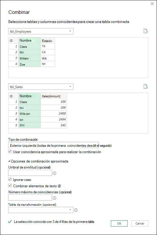 Power Query opciones de combinación aproximada