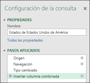 Power Query: ventana Pasos aplicados de la opción Combinar columna de ejemplo