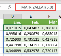 Función MATRIZALEAT en Excel. MATRIZALEAT(5;3) devuelve valores aleatorios entre 0 y 1 en una matriz que tiene 5 filas de alto por 3 columnas de ancho.