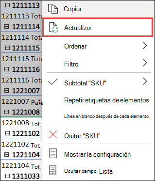 Actualizar una tabla dinámica