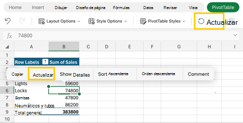 Captura de pantalla de actualización de tabla dinámica en Excel para iPad