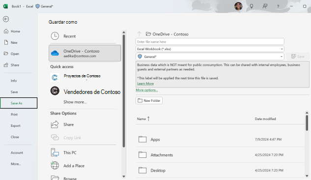 Captura de pantalla de Guardar el libro en OneDrive