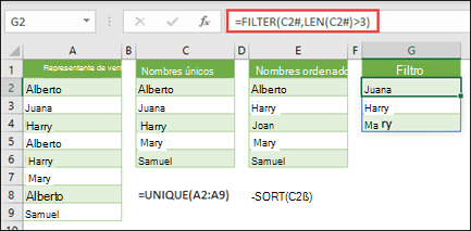 Operador de rango desbordado (#) para hacer referencia a un rango de matriz desbordado completo con =FILTRAR(C2#,LARGO(C2#)>3)