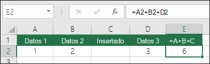Las fórmulas =A+B+C no se actualizarán si agrega filas