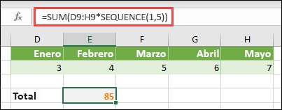Use constantes matriciales en fórmulas. En este ejemplo, usamos =SUMA(D9:H(*SECUENCIA(1,5))