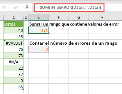 Use matrices para tratar los errores. Por ejemplo, =SUMA(SI(ESERROR(Datos),,Datos) sumará el rango denominado Datos incluso si incluye errores, como #VALUE! o #NA!.
