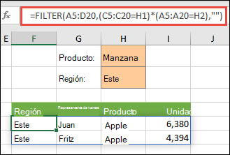 Uso de FILTRAR con el operador de multiplicación (*) para devolver todos los valores en el rango de la matriz (A5:D20) que tengan 