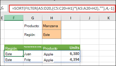 Uso de FILTRAR con la función ORDENAR para devolver todos los valores en el rango de la matriz (A5:D20) que tengan 