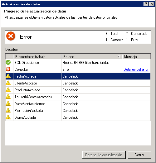 Mensajes de estado de actualización de datos en PowerPivot