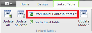 Cinta de opciones vinculada que indica una tabla de Excel