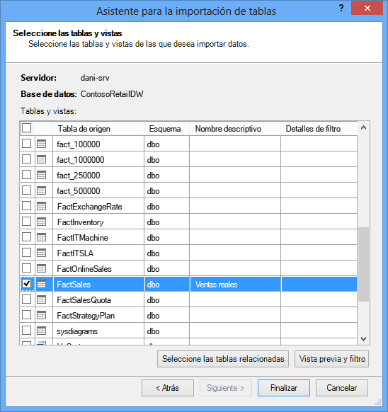 Asistente para la importación de tablas en el complemento PowerPivot