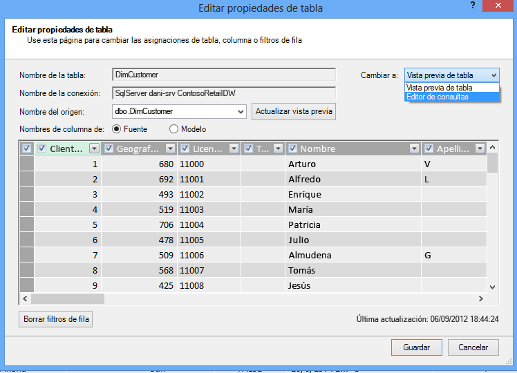 Abra el Editor de consultas en el cuadro de diálogo Propiedades de la tabla.