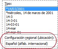 Cuadro Configuración regional en el cuadro de diálogo Formato de celdas