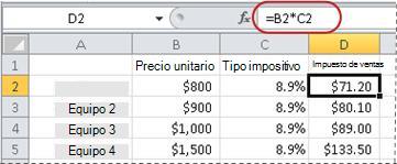 Ejemplo de fórmula para calcular un porcentaje