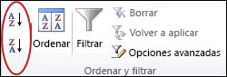 Botones de ordenación en el grupo Ordenar & filtro de la pestaña Datos en Excel