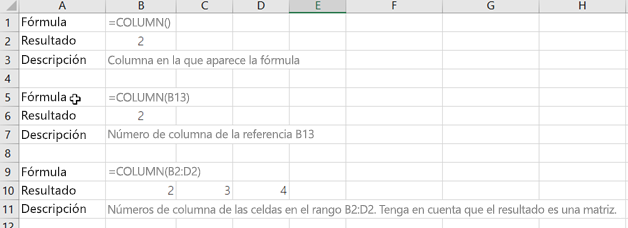 Ejemplos de la función COLUMNA