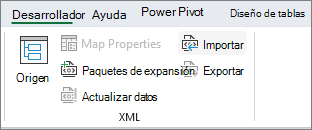 Comandos XML en la pestaña Desarrollador