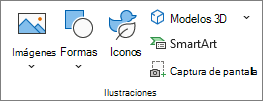 Captura de pantalla que muestra el grupo Ilustraciones en la pestaña Insertar.