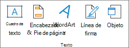 Captura de pantalla que muestra el grupo Texto en la pestaña Insertar.