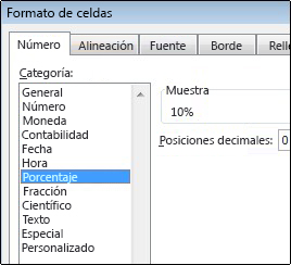 Categoría Porcentaje en el cuadro de diálogo Formato de celdas