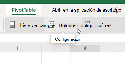 El botón Configuración en la pestaña de tabla dinámica en Excel para la web