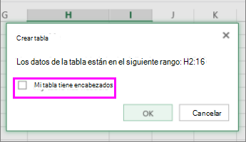 Cuadro de diálogo para convertir el rango de datos en una tabla