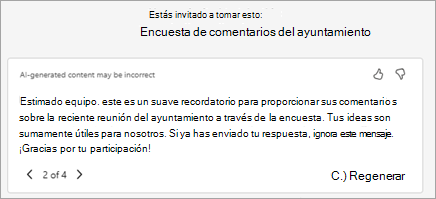 Copilot genera automáticamente un texto de invitación sugerido. Puede editar el texto aquí o seleccionar Reescribir con Copilot para pedirle que genere una nueva versión.