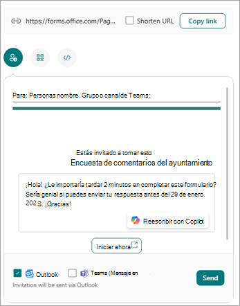 Puede enviar el formulario de varias maneras desde la pantalla enviar y recopilar respuestas.