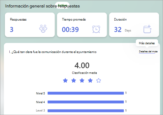 Información general sobre respuestas muestra un resumen de las respuestas con vínculos Más detalles para ayudarle a explorar los detalles de cada respuesta.