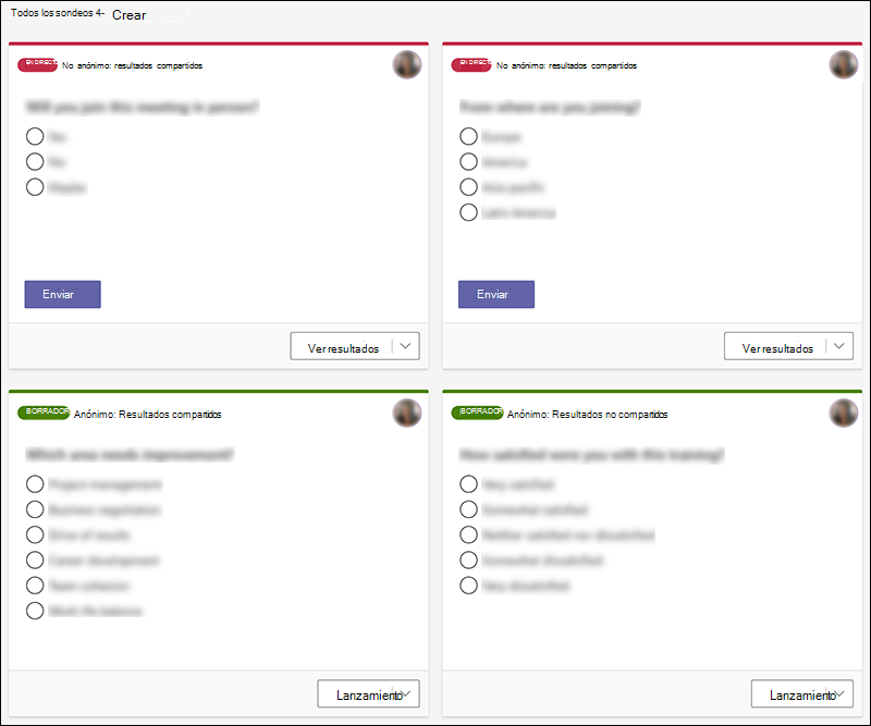 Microsoft Forms sondeos creados en Teams en varios estados, como un directo y un borrador