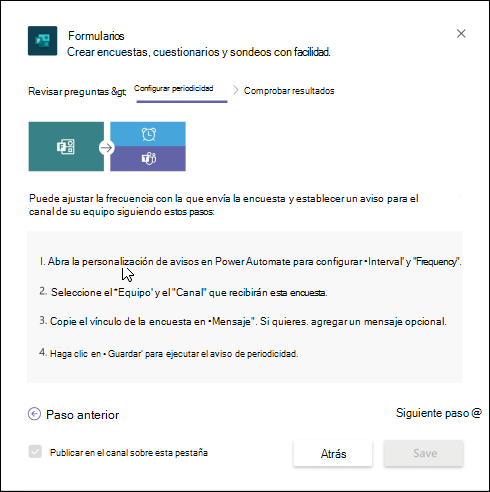 Cuadro de diálogo Formularios en Teams que describe cómo crear un flujo de trabajo automatizado para la encuesta con Power Automate.