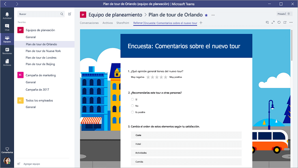 Ficha Formularios en Microsoft Teams que muestra un formulario en modo de relleno