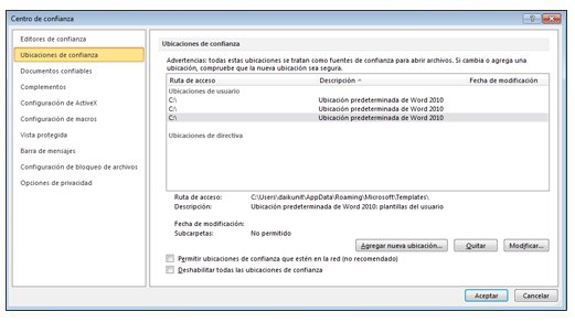 Cuadro de diálogo Configuración del Centro de confianza que muestra la opción Ubicaciones de confianza